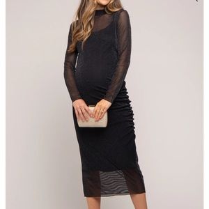 PinkBlush Black Shimmer Mesh Long Sleeve Ruched Maternity Midi Dress